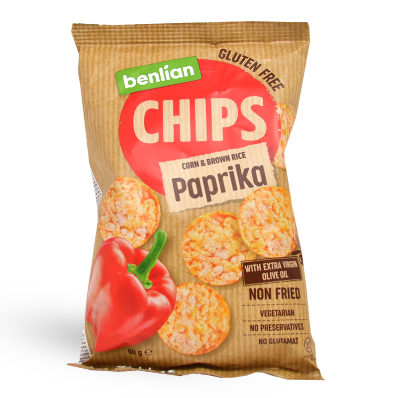Kukorica és barnarizs chips, paprikás 50g Benlian
